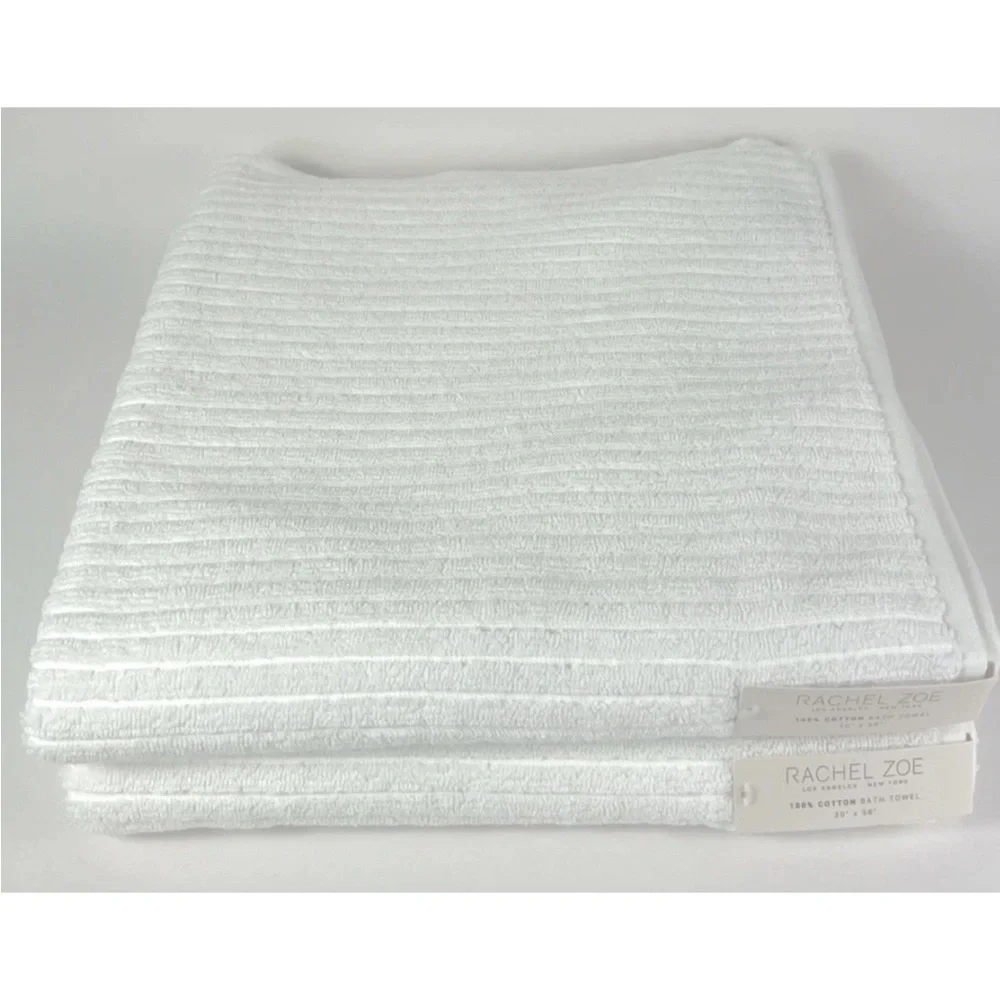 Rachel Zoe 30” x 58” Bath Towels Pure White Ribbed 100% Cotton Set of 2 NEW